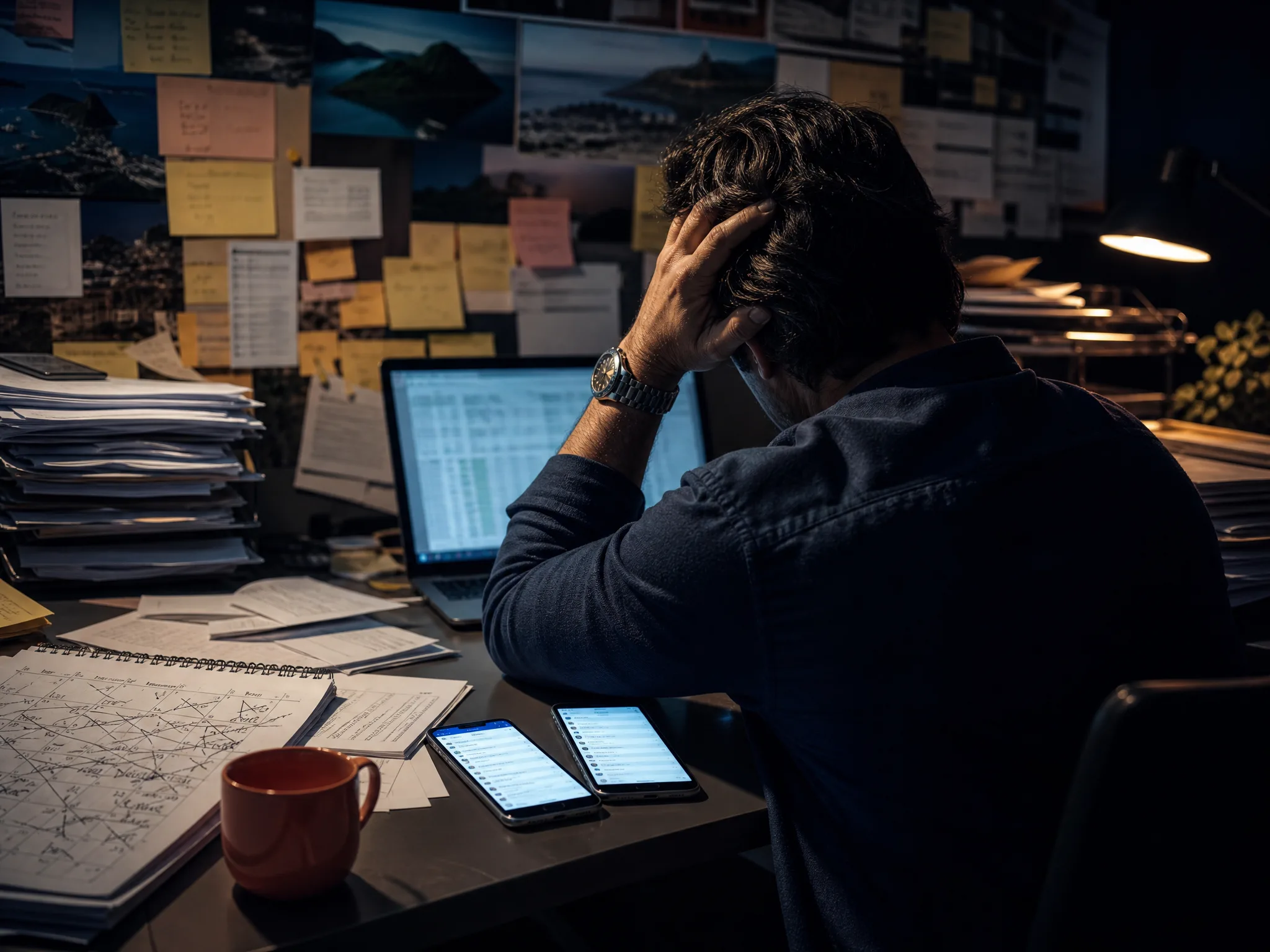 Dono de agência à noite, cercado de planilhas impressas, recados colados e celulares cheios de mensagens