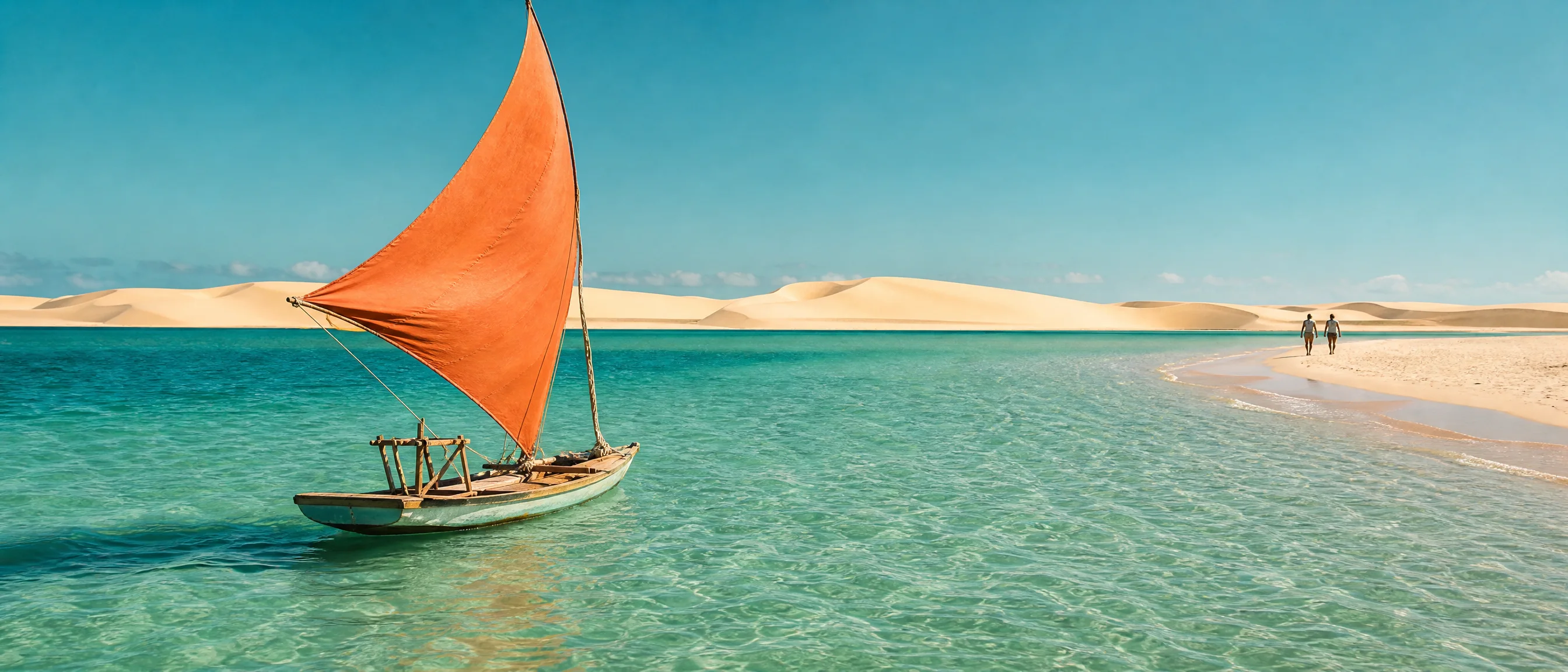 Jangada de vela coral navegando em água rasa e turquesa, com dunas ao fundo.