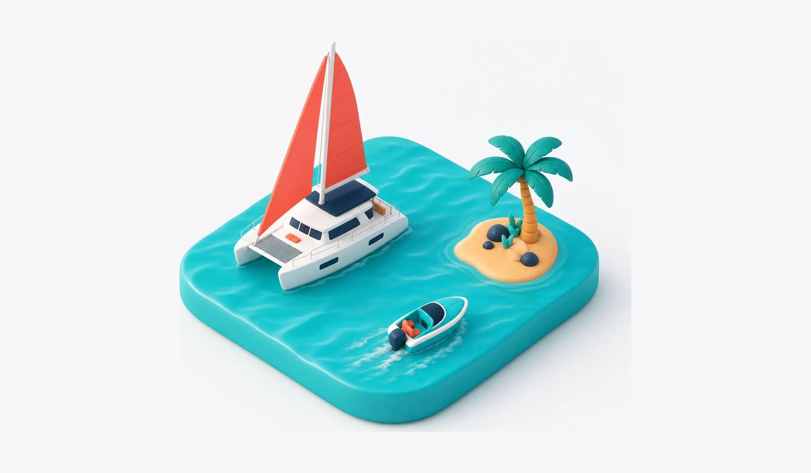 Ilustração 3D de um catamarã e uma lancha sobre água estilizada com uma palmeira.