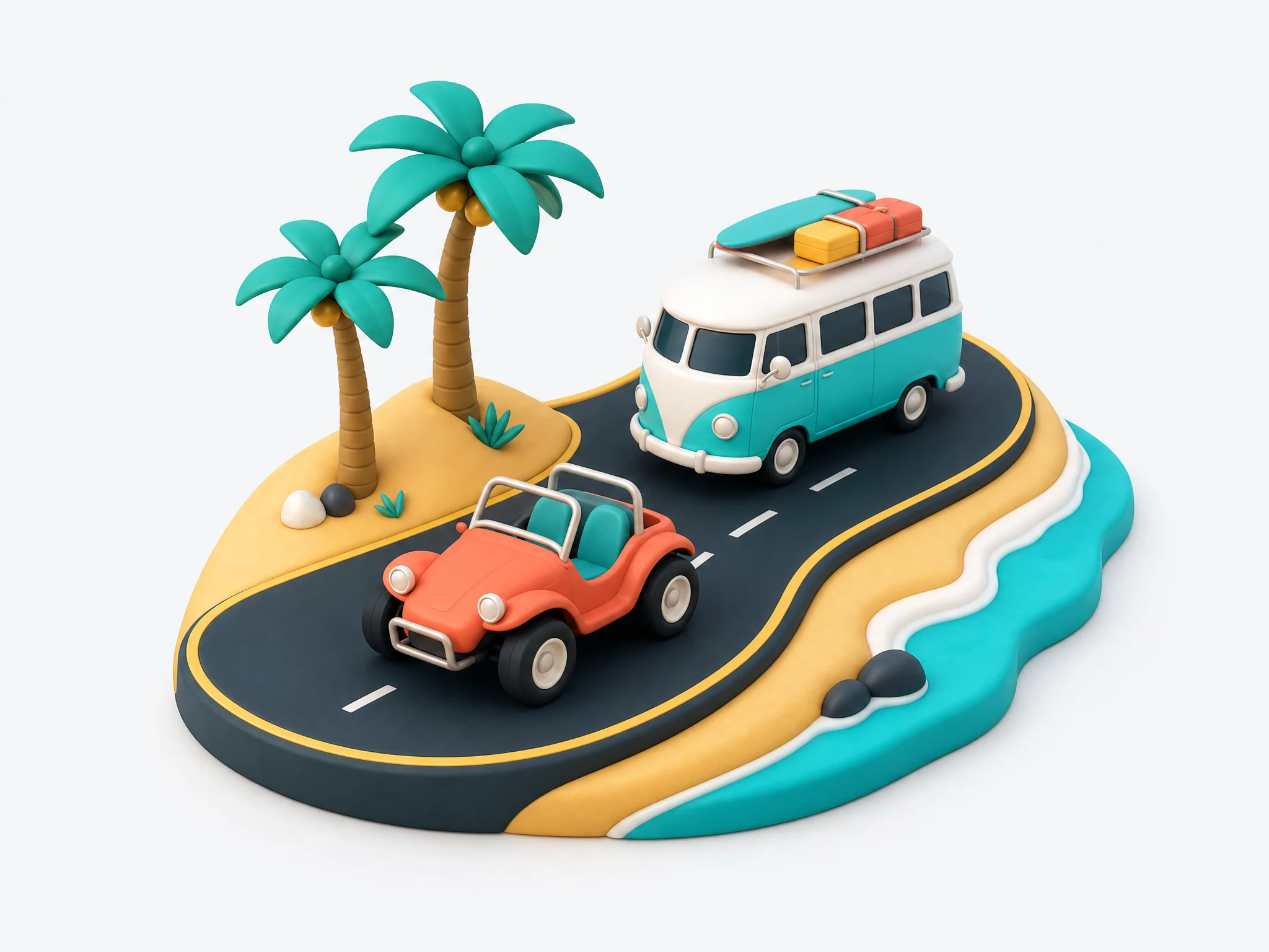 Ilustração 3D de um bugue e uma van percorrendo uma estrada litorânea.