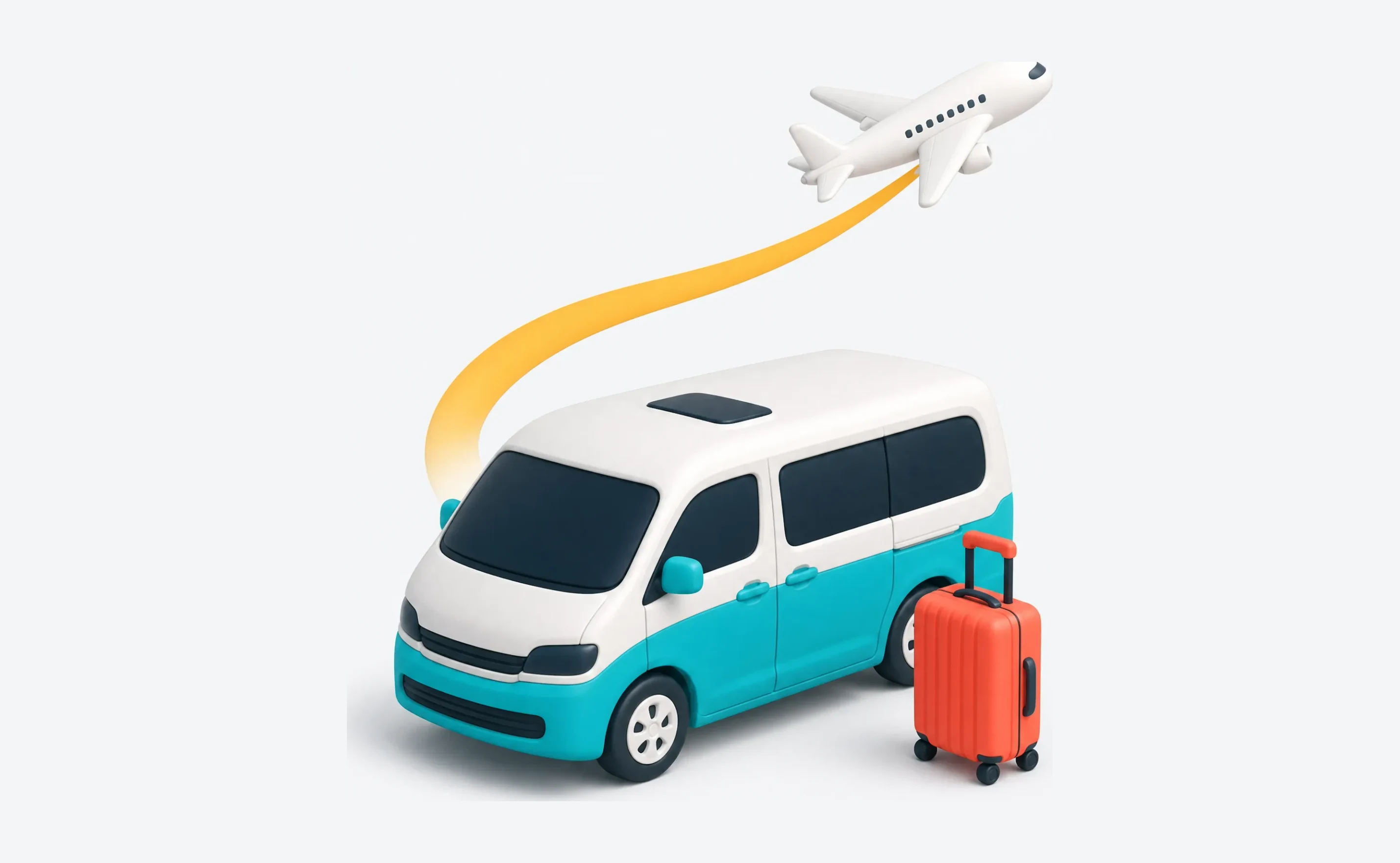 Ilustração 3D de uma van de transfer com mala e um avião decolando.