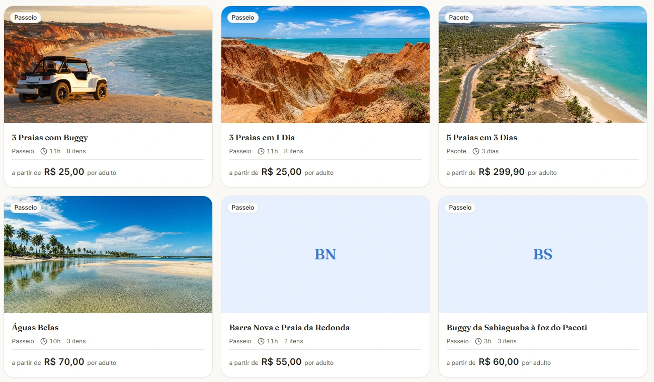 Catálogo de passeios com fotos e tarifas